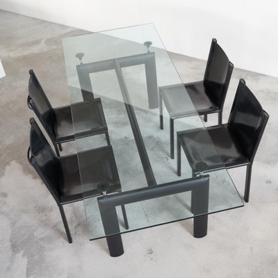 LC6 Dining Table attributed to Le Corbusier for Cassina and Chairs in Black Leather by Matteo Grassi, 1990s, Set of 5-LPQ-1781111