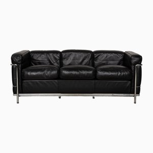 Le Corbusier LC 2 Leather Three Seater Black Sofa by Le Corbusier for Cassina-RQW-2036309