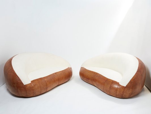 Leather and Bouclé Croissant Sofas by Raphael Raffel, 1970s, Set of 2-YJA-1360491