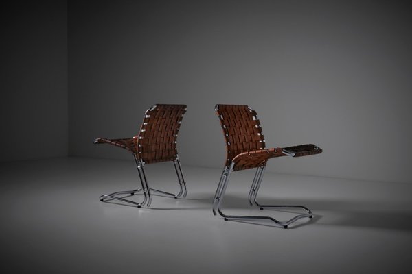 Leather and Chrome Side Chairs, Italy, 1970s, Set of 2-CO-1436711