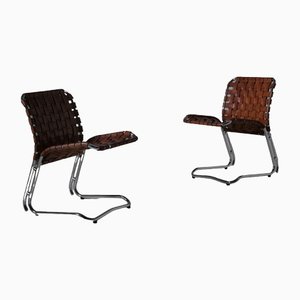 Leather and Chrome Side Chairs, Italy, 1970s, Set of 2-CO-1436711