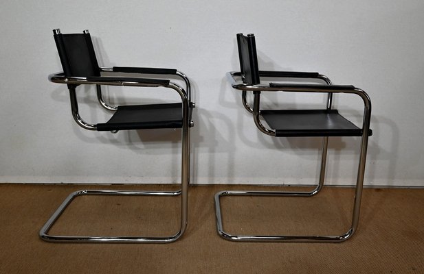 Leather and Chromed Metal Armchairs in the Style of Marcel Breuer, 1970s, Set of 2-RVK-1406487