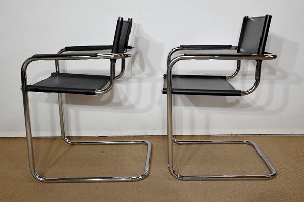 Leather and Chromed Metal Armchairs in the Style of Marcel Breuer, 1970s, Set of 2-RVK-1406487