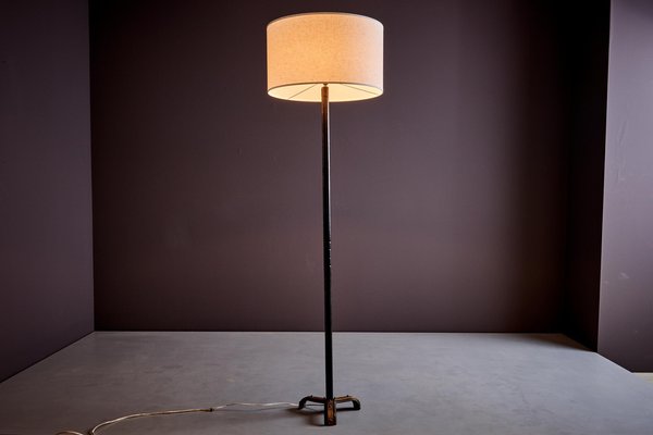 Leather and Metal Floor Lamp by Jacques Adnet, France, 1950s-SFD-1791933