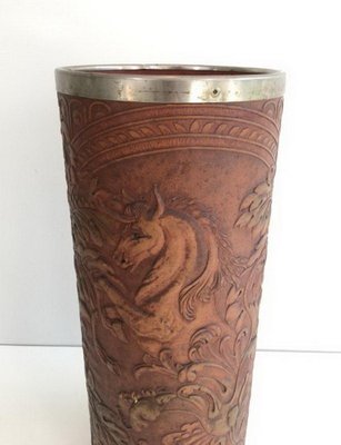 Leather and Metal Umbrella Stand with Unicorn Decor, 1940s-BA-658256