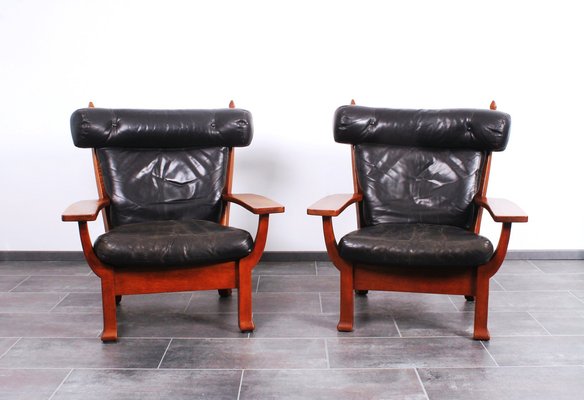 Leather and Oak Ox-Shape Armchairs, 1950s, Set of 2-IV-1772654