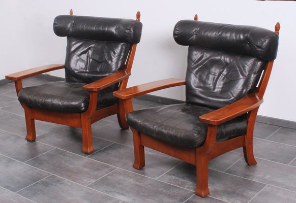 Leather and Oak Ox-Shape Armchairs, 1950s, Set of 2-IV-1772654