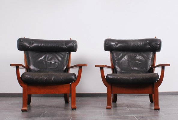 Leather and Oak Ox-Shape Armchairs, 1950s, Set of 2-IV-1772654