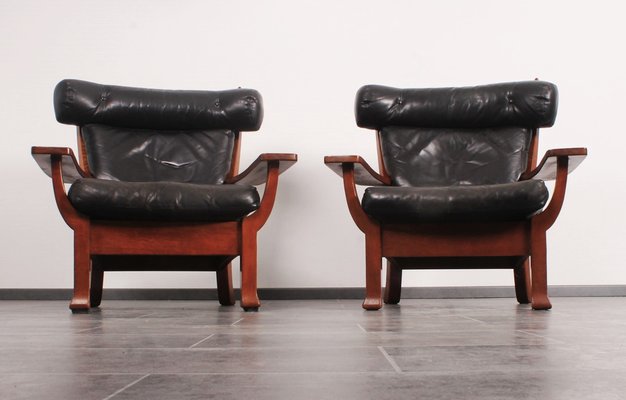 Leather and Oak Ox-Shape Armchairs, 1950s, Set of 2-IV-1772654