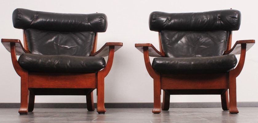 Leather and Oak Ox-Shape Armchairs, 1950s, Set of 2-IV-1772654