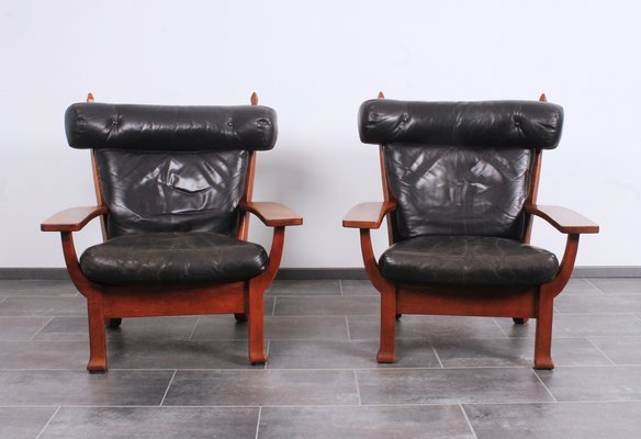 Leather and Oak Ox-Shape Armchairs, 1950s, Set of 2-IV-1772654