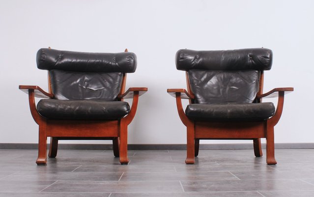 Leather and Oak Ox-Shape Armchairs, 1950s, Set of 2-IV-1772654