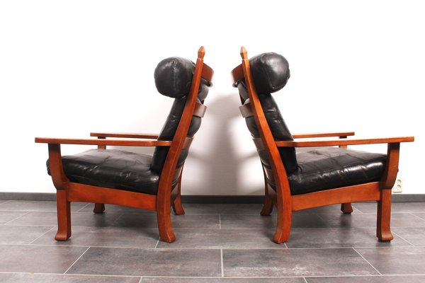 Leather and Oak Ox-Shape Armchairs, 1950s, Set of 2-IV-1772654