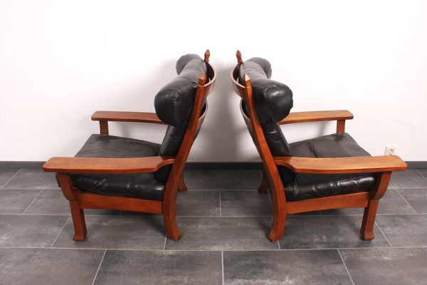 Leather and Oak Ox-Shape Armchairs, 1950s, Set of 2-IV-1772654