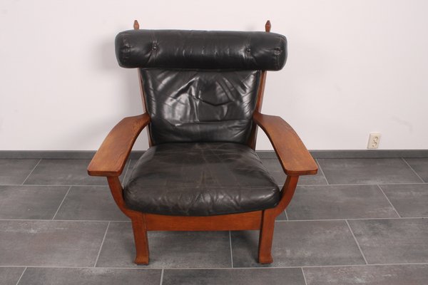 Leather and Oak Ox-Shape Armchairs, 1950s, Set of 2-IV-1772654