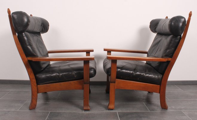 Leather and Oak Ox-Shape Armchairs, 1950s, Set of 2-IV-1772654