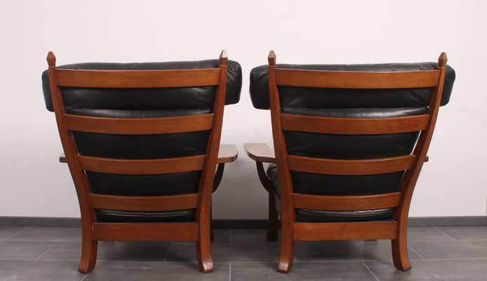 Leather and Oak Ox-Shape Armchairs, 1950s, Set of 2-IV-1772654