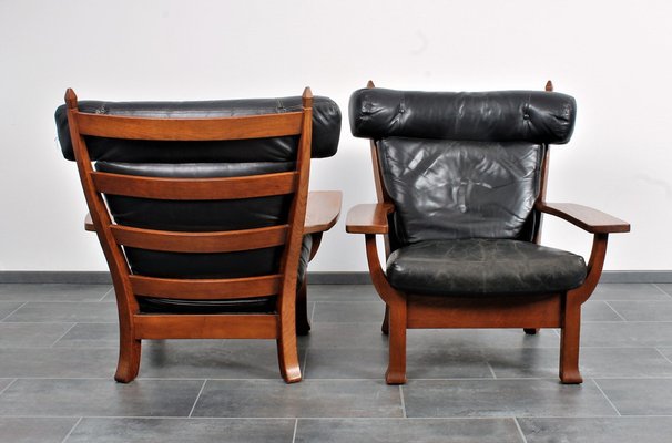 Leather and Oak Ox-Shape Armchairs, 1950s, Set of 2-IV-1772654