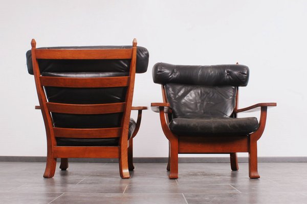 Leather and Oak Ox-Shape Armchairs, 1950s, Set of 2-IV-1772654