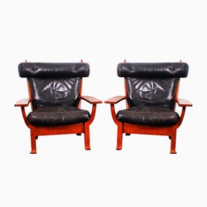 Leather and Oak Ox-Shape Armchairs, 1950s, Set of 2-IV-1772654