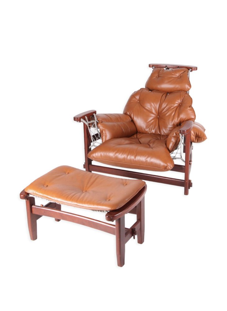 Leather and Rope Big Armchair and Ottoman, Set of 2