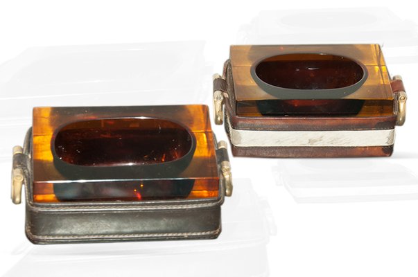 Leather and Stitched Glass Ashtrays, 1970s, Set of 2-UR-547921