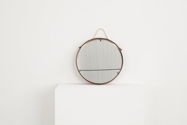 Leather Covered Round Wall Mirror with Brass Elements, Italy, 1960s-AA-1771740