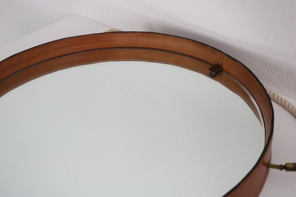 Leather Covered Round Wall Mirror with Brass Elements, Italy, 1960s-AA-1771740