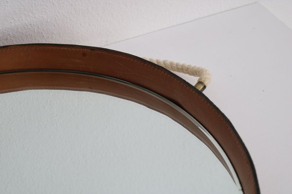 Leather Covered Round Wall Mirror with Brass Elements, Italy, 1960s-AA-1771740