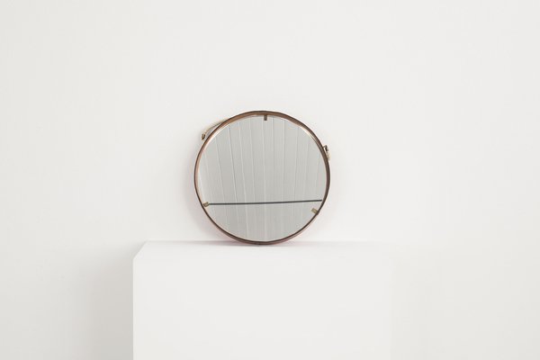 Leather Covered Round Wall Mirror with Brass Elements, Italy, 1960s-AA-1771740