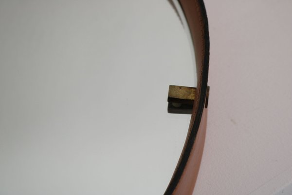 Leather Covered Round Wall Mirror with Brass Elements, Italy, 1960s-AA-1771740