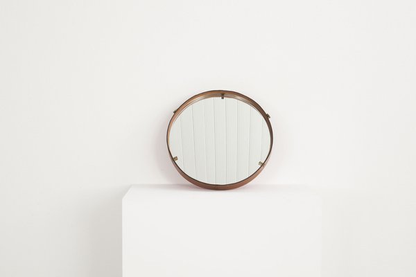 Leather Covered Round Wall Mirror with Brass Elements, Italy, 1960s-AA-1771740