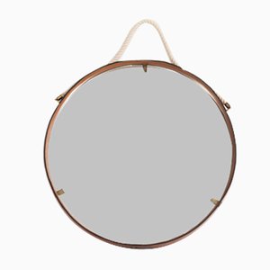 Leather Covered Round Wall Mirror with Brass Elements, Italy, 1960s-AA-1771740