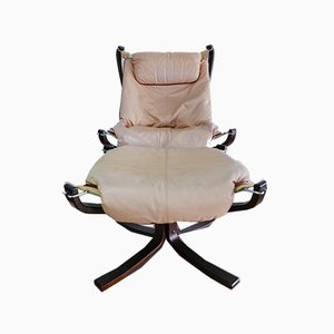 Leather Falcon Chair with Foot Chair by Sigurd Ressell for Vatne Möbler, Norway, Set of 2-KK-974830