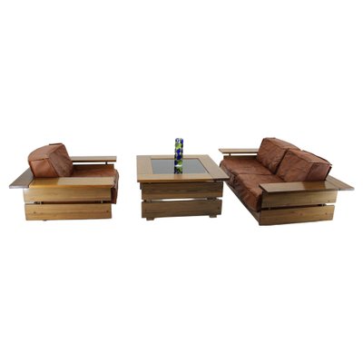 Leather Living Room Set by Hämeen Kalustaja, Finland, 1970s, Set of 3-TZ-1092361