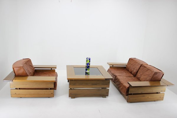 Leather Living Room Set by Hämeen Kalustaja, Finland, 1970s, Set of 3-TZ-1092361