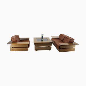 Leather Living Room Set by Hämeen Kalustaja, Finland, 1970s, Set of 3-TZ-1092361