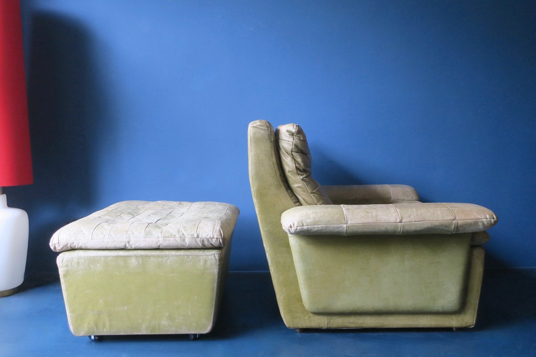 Leather Lounge Chair and Ottoman in Light Olive Green from Laauser, 1970s, Set of 2