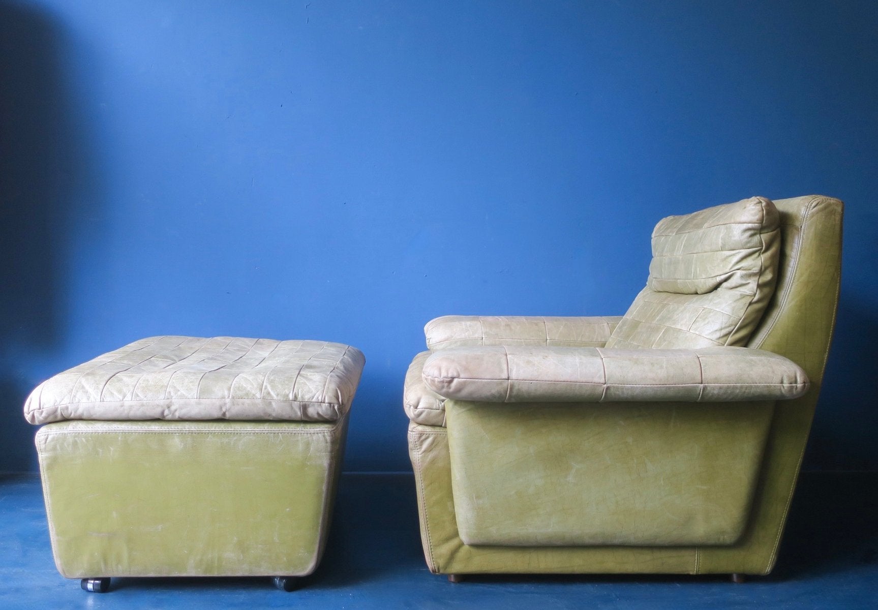 Leather Lounge Chair and Ottoman in Light Olive Green from Laauser, 1970s, Set of 2