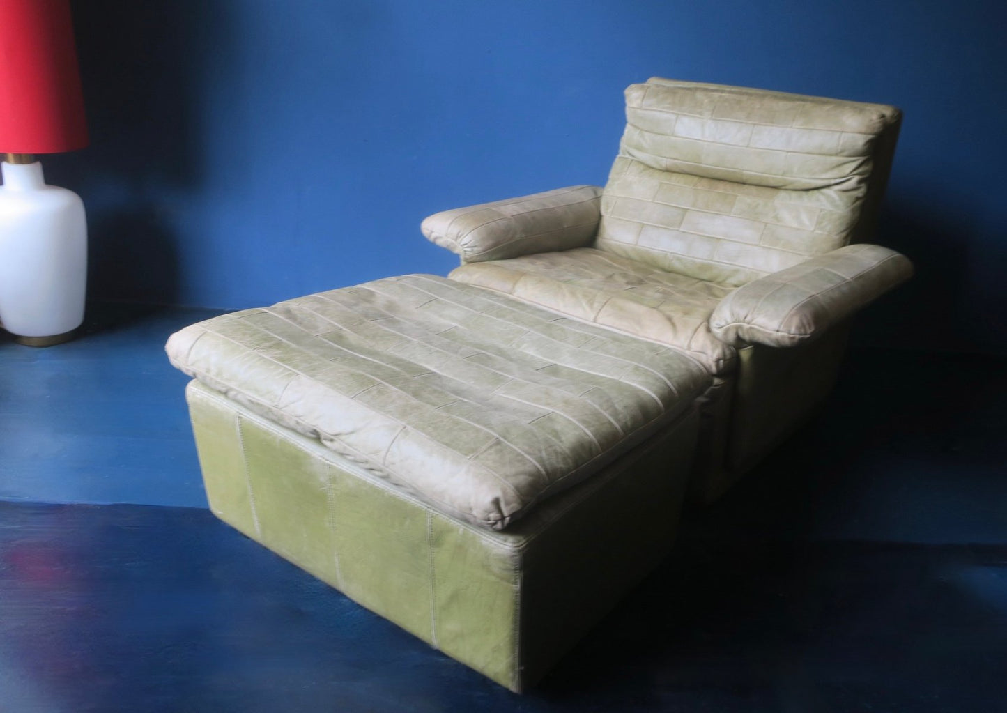 Leather Lounge Chair and Ottoman in Light Olive Green from Laauser, 1970s, Set of 2