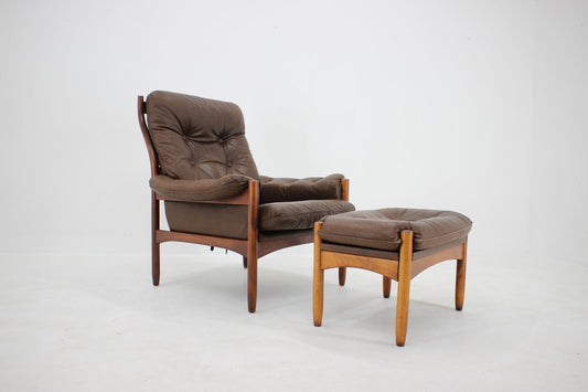 Leather Lounge Chair and Stool from Göte Möbler, Sweden, 1970s, Set of 2