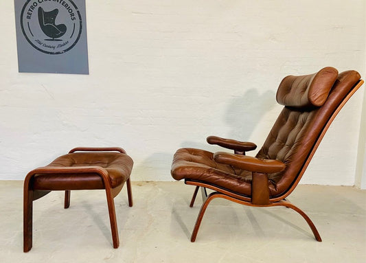 Leather Lounge Chair with Matching Footstool from Gote Møbler, 1970s, Set of 2