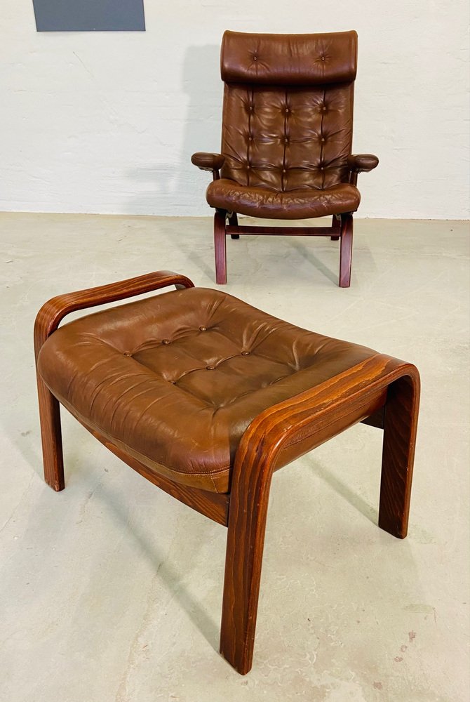 Leather Lounge Chair with Matching Footstool from Gote Møbler, 1970s, Set of 2