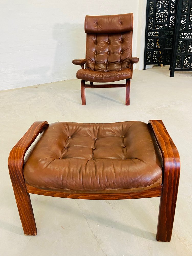 Leather Lounge Chair with Matching Footstool from Gote Møbler, 1970s, Set of 2