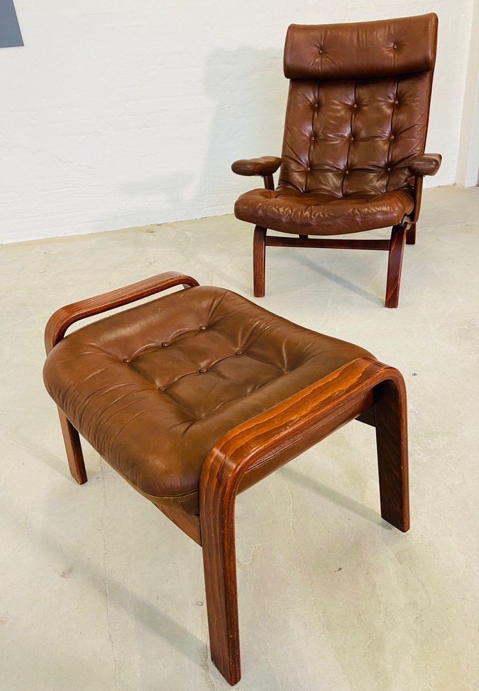 Leather Lounge Chair with Matching Footstool from Gote Møbler, 1970s, Set of 2