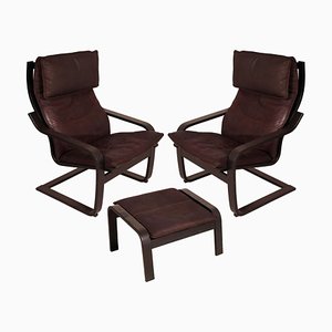 Leather Poäng Chairs & Footrest by Noboru Nakamura for IKEA, 1990s, Set of 3-NJV-825271