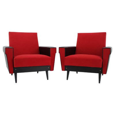 Leatherette and Red Fabric Armchairs, Czechoslovakia, 1970s, Set of 2-TZ-1425772