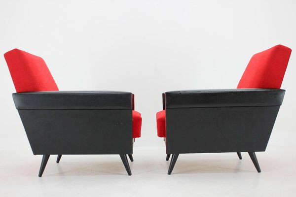 Leatherette and Red Fabric Armchairs, Czechoslovakia, 1970s, Set of 2-TZ-1425772