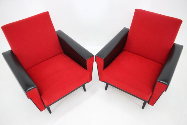 Leatherette and Red Fabric Armchairs, Czechoslovakia, 1970s, Set of 2-TZ-1425772