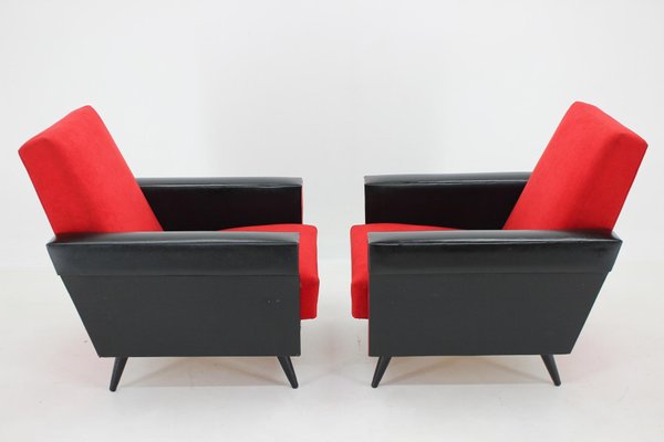 Leatherette and Red Fabric Armchairs, Czechoslovakia, 1970s, Set of 2-TZ-1425772